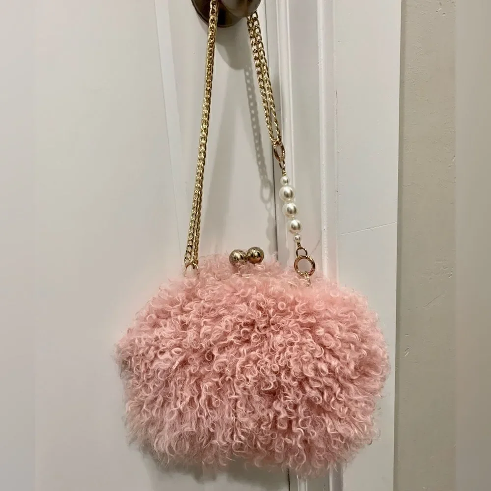 Handmade Genuine Curly Shearling Kisslock Wristlet/Shoulder Bag/Crossbody